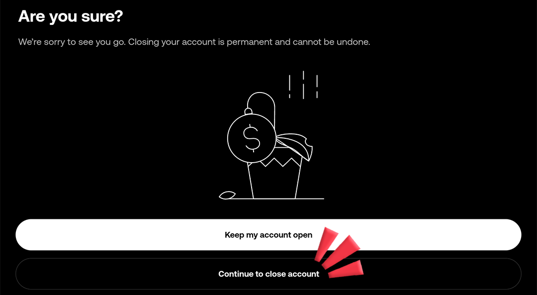 Continue to close account 클릭